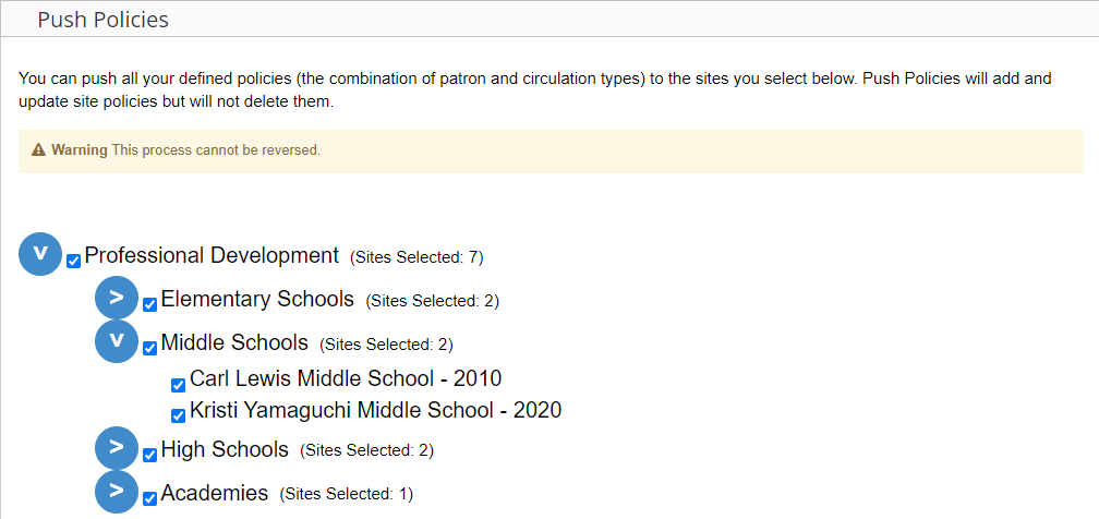 Push Policies page with schools selected.